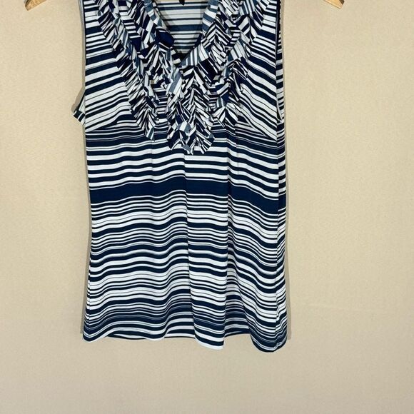 Milano Blue White Striped Sleeveless Frills Ruffled Neck Top Size M - Picture 4 of 12